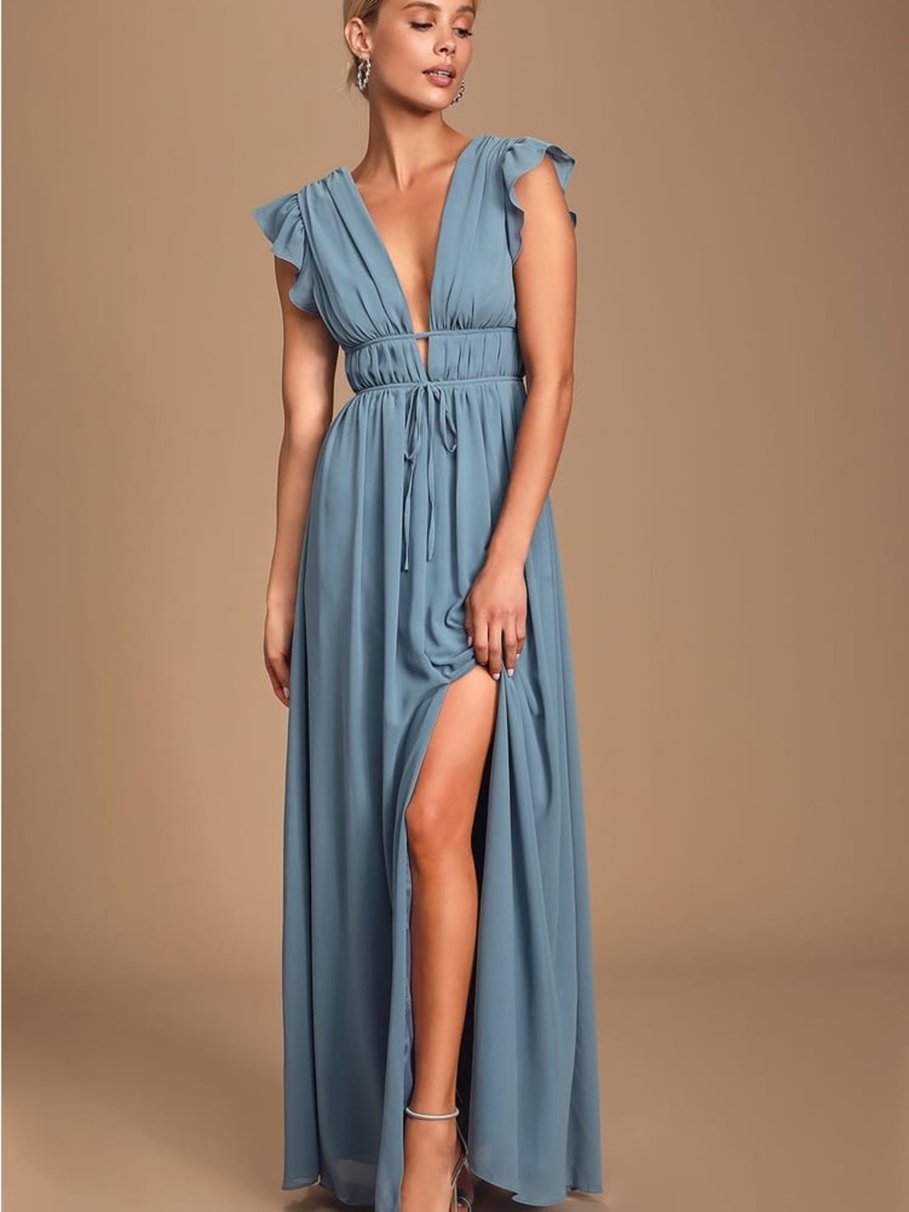Lulu's Dusty Blue Maxi Dress with Plunging V-Neck
